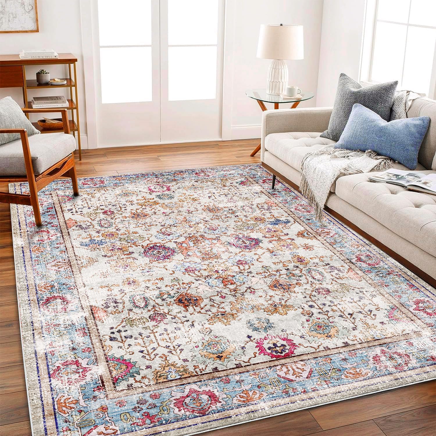Washable Floral Area Rug, High-Quality Vintage Traditional Distressed Carpet, Sp...