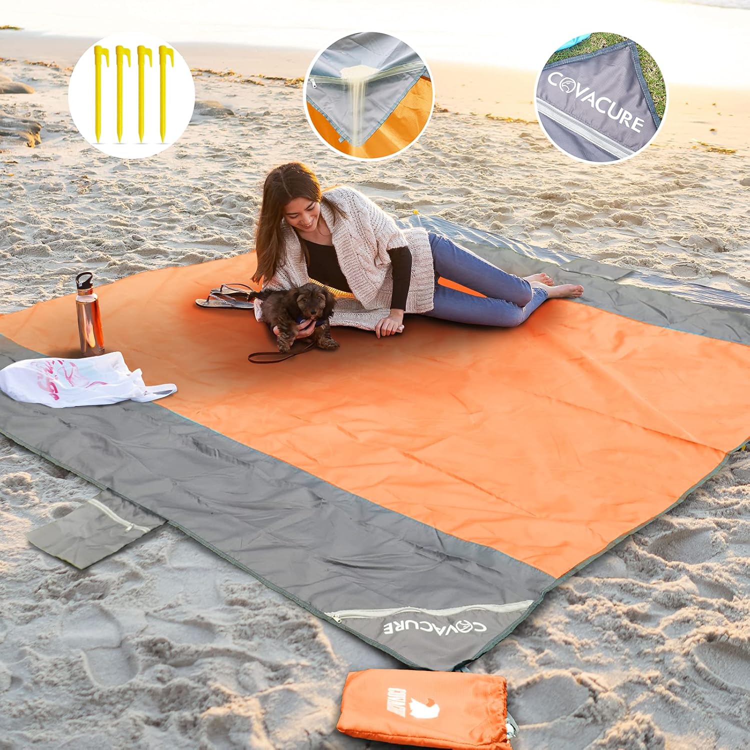 High-Quality COVACURE Beach Blanket, Special Outdoor Blanket with 3 Zipper Pocke...