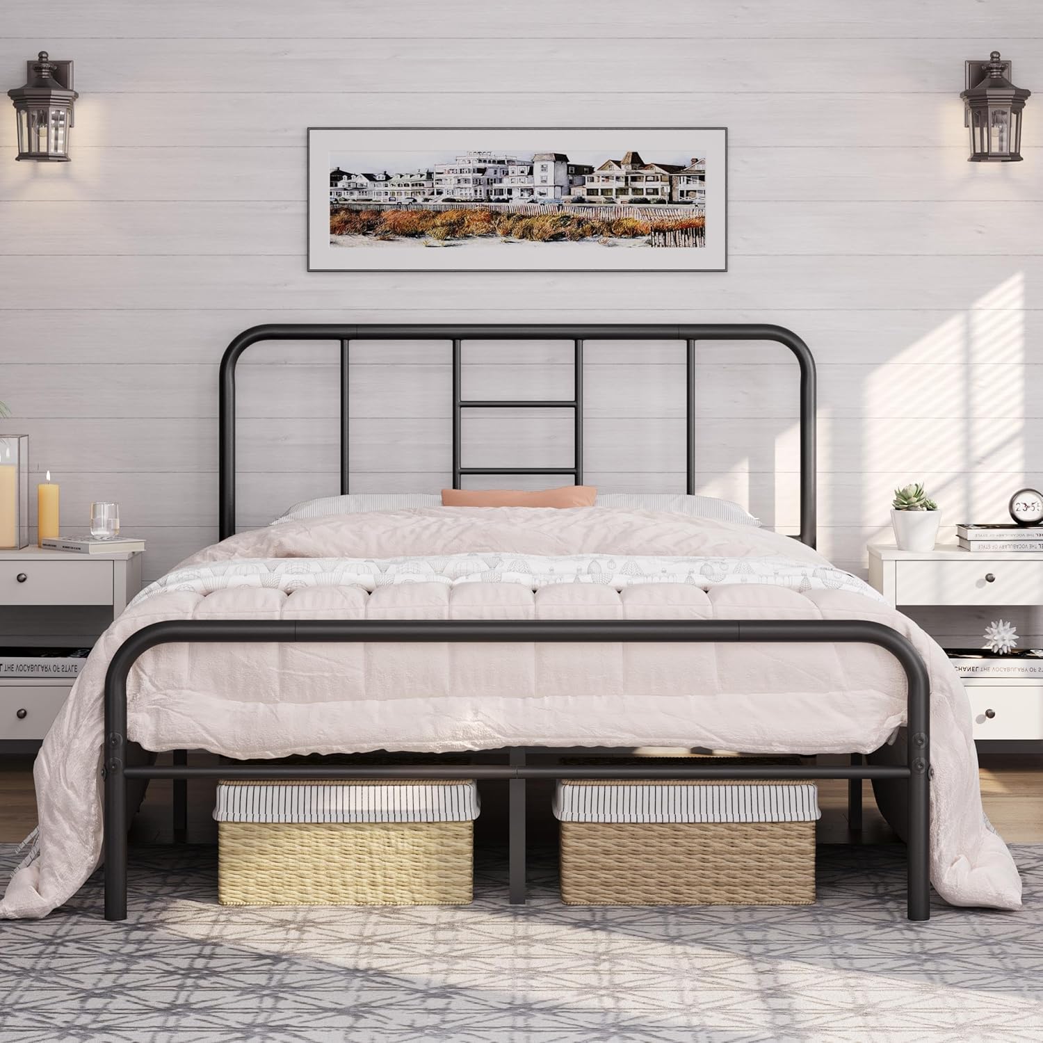 Yaheetech Black Metal Double Bed, Special Iron Bed Frame with Curved Headboard,...