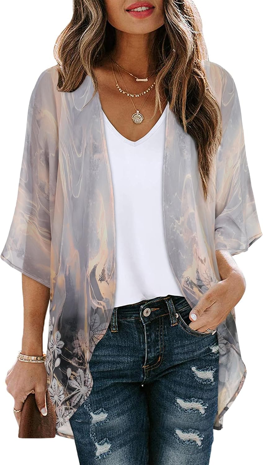 Stylish Women's Floral Print Kimono, Special Puff Sleeve Kimono Cover, Unique Lo...