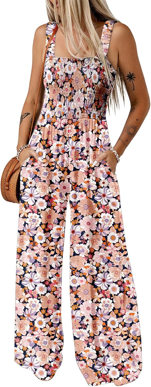 Dokotoo Women's Casual Loose Overalls Jumpsuits One Piece Sleeveless Printed Wid...