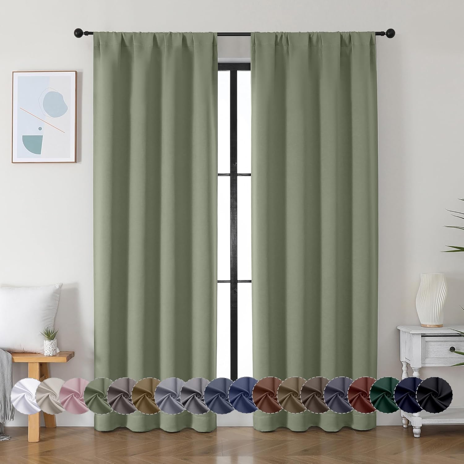 Premium Simplebrand Ava Sage Green Curtains, Elegant Blackout Curtains for Bedro...