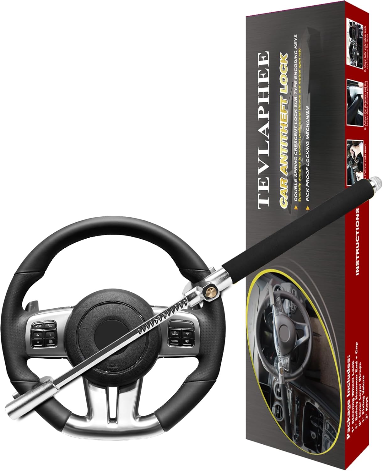 Tevlaphee Steering Wheel Lock, Steering Lock, Car Anti-Theft Device, Adjustable,...