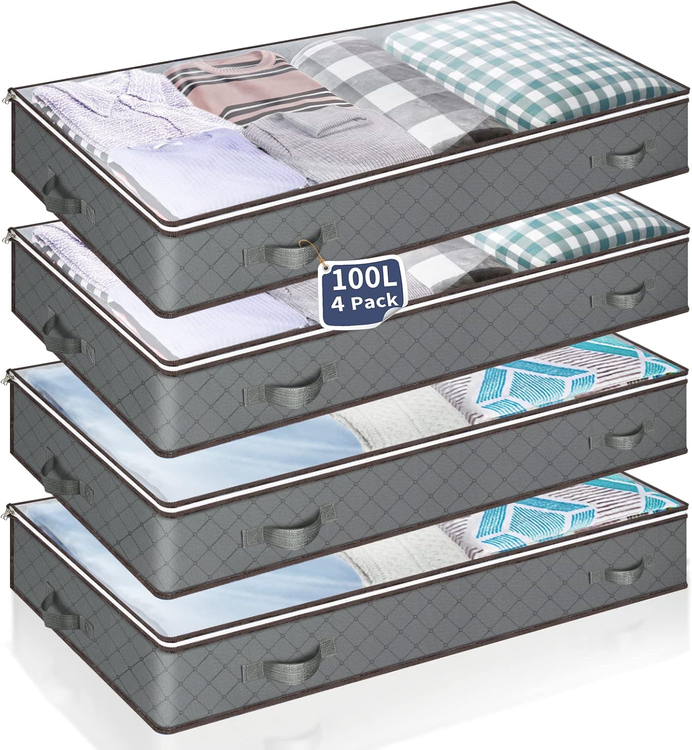 MIXC 4 Packs Underbed Storages, 100L Large Under Bed Storage Box with Lid, Stora...