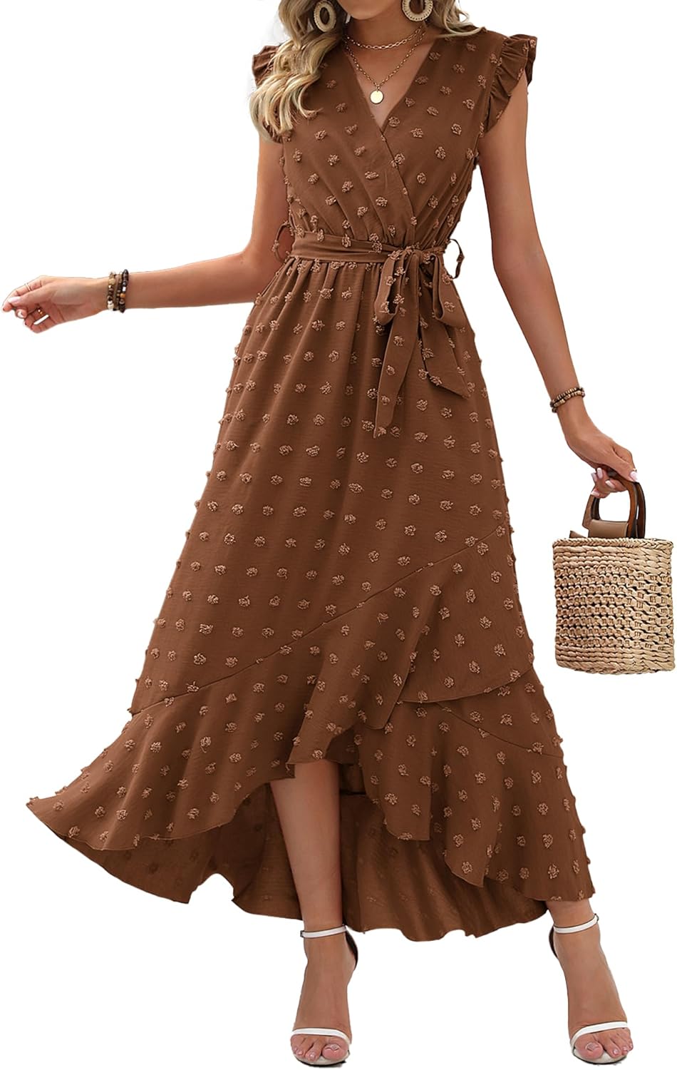 BTFBM Women V Neck Summer Dress 2025 Cap Sleeve Swiss Dot Boho Flowy Ruffle Slit...