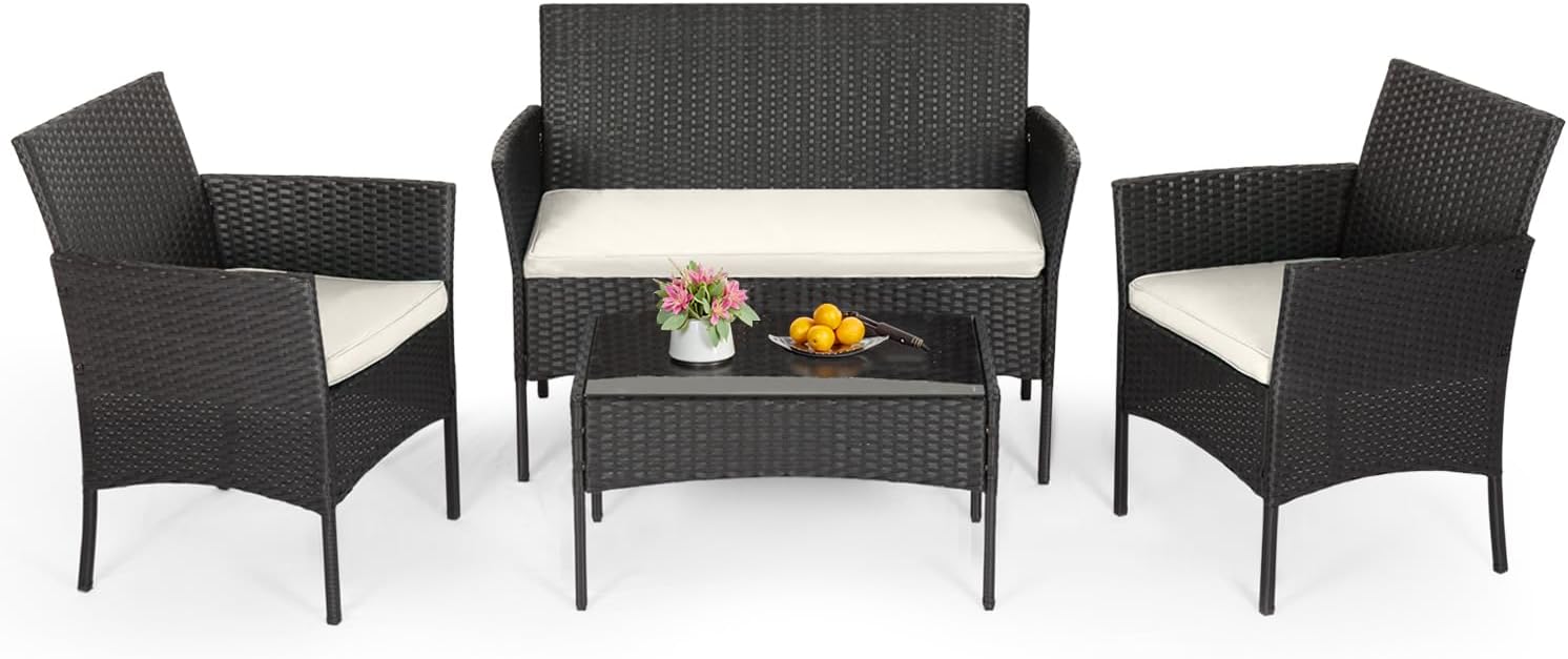 FDW | 4-Piece Patio Furniture Set | Outdoor Wicker Furniture with Coffee Table |...