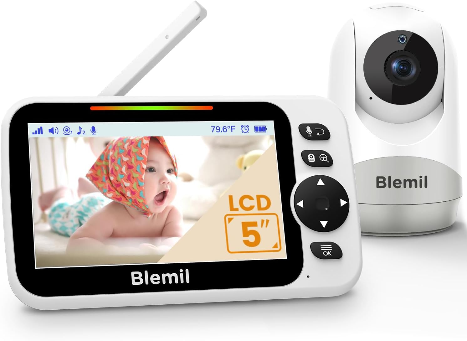 Blemil 5" Split-Screen Baby Monitor with 30-Hour Battery, Large Video Baby Monit...