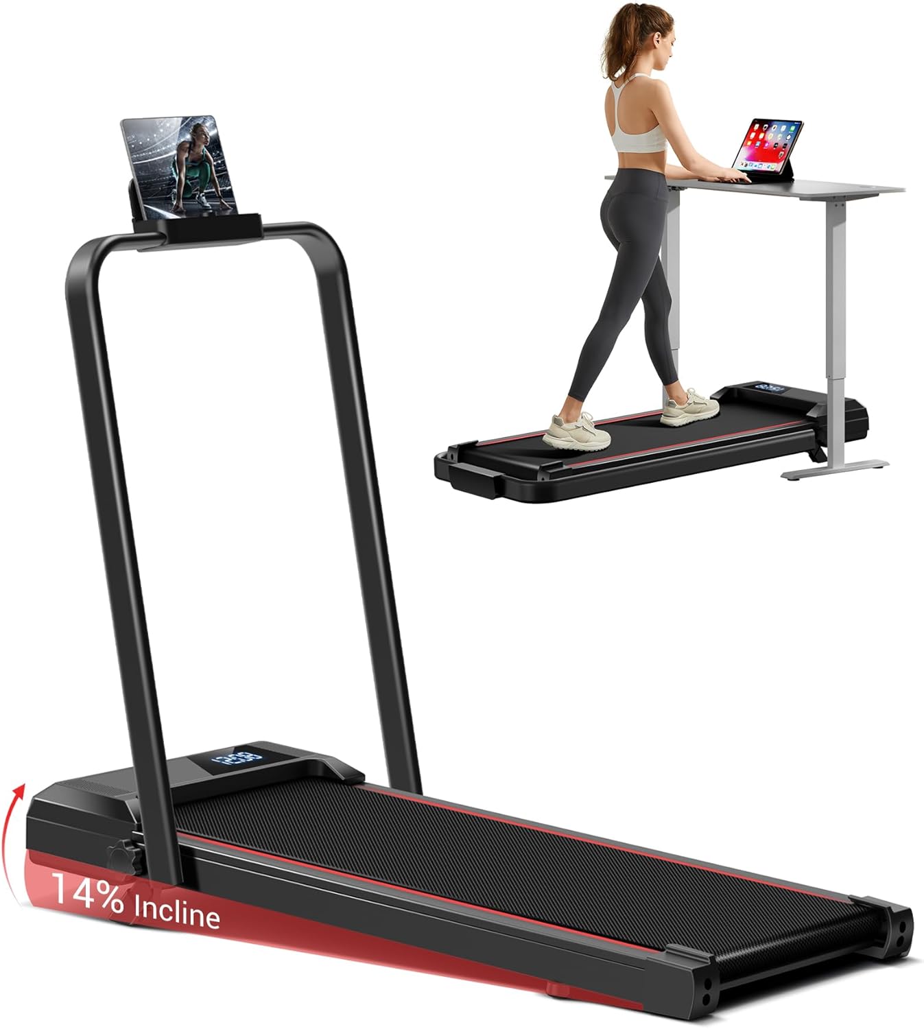 14% Incline Walking Pad Treadmills for Home and Office, 3-in-1 Portable Under De...