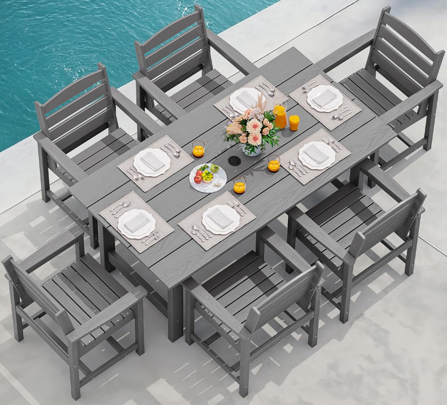 SERWALL Outdoor HDPE Dining Table Set, 7-Piece Outdoor Dining Table Sets with Um...