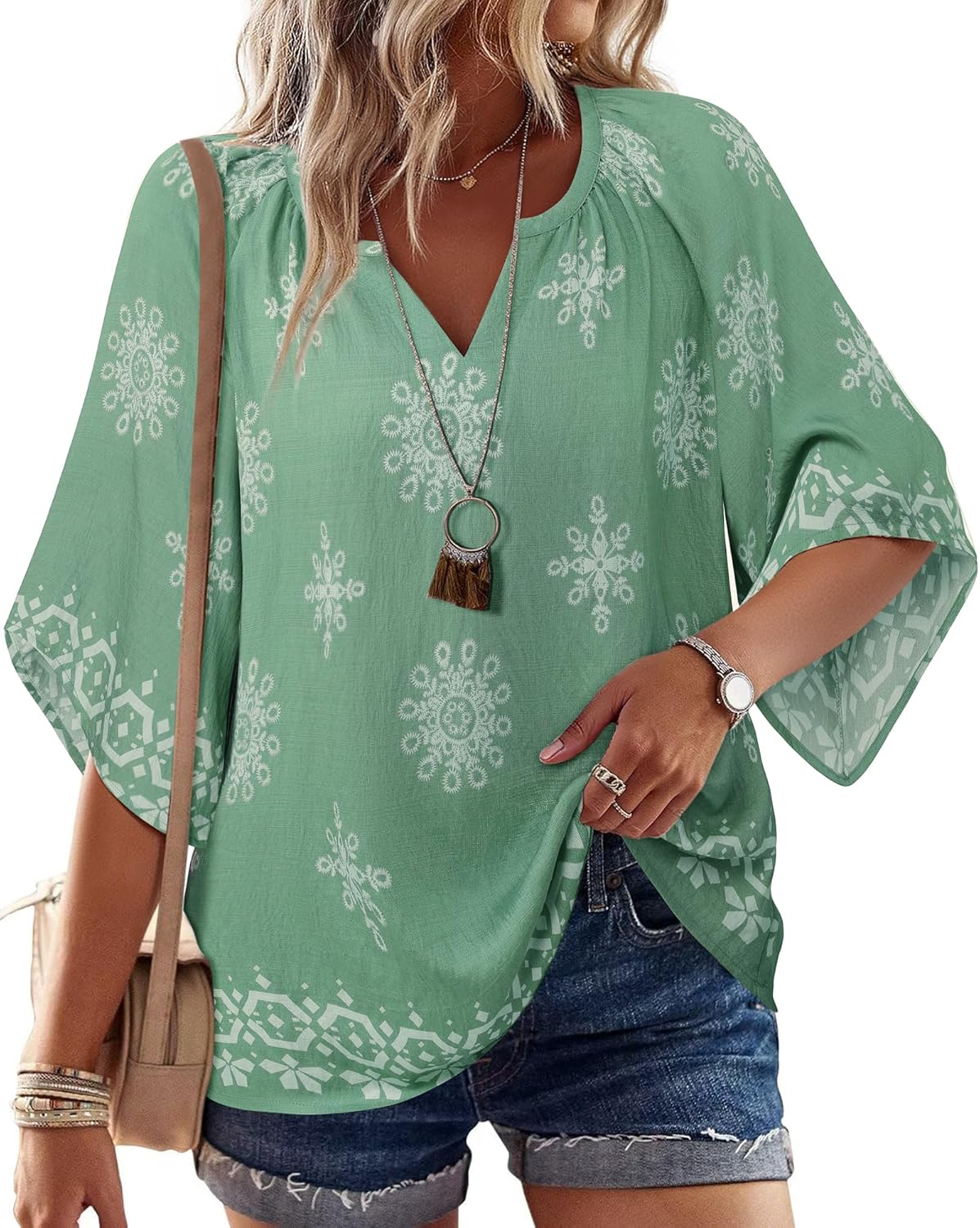 Elegant Bebonnie Women's Blouses, Special 3/4 Sleeve V Neck Bohemian Peasant Blo...