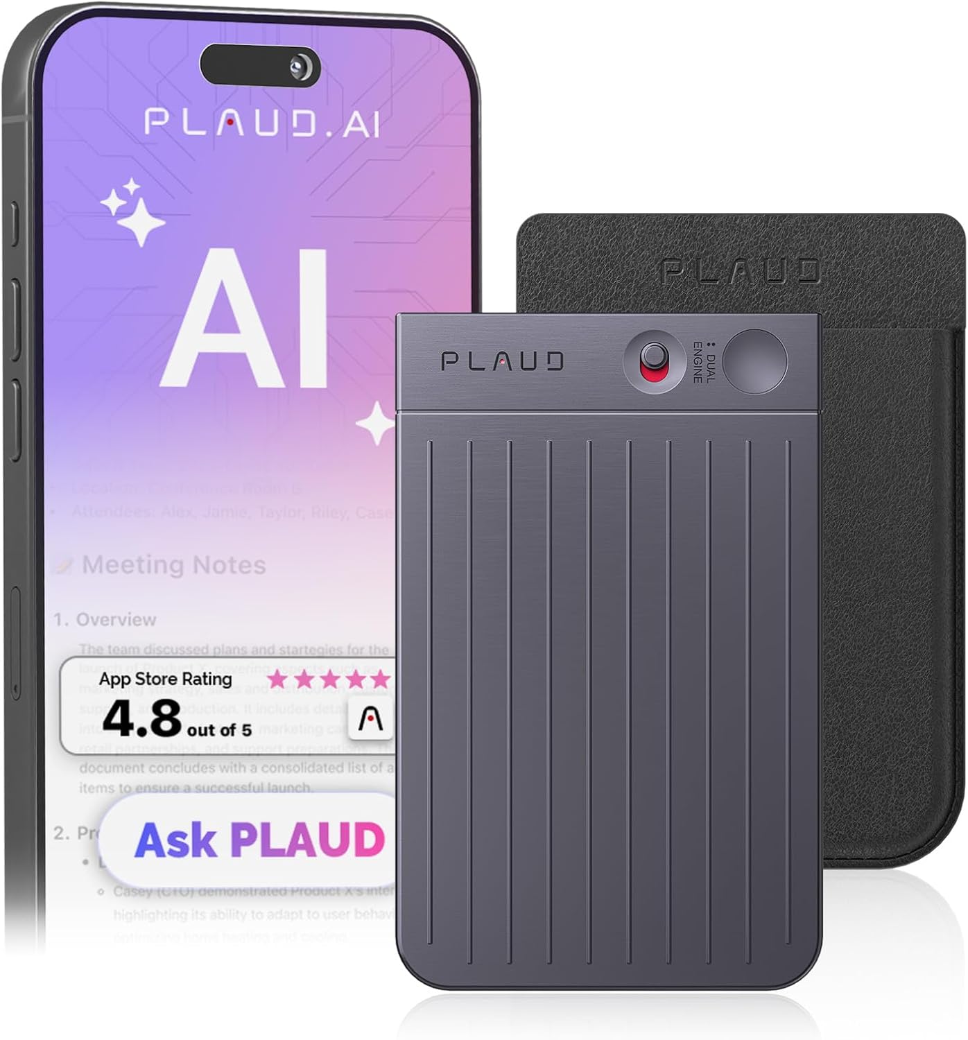 AI Voice Recorder, Note Voice Recorder w/Case, App Control, Transcribe & Summari...