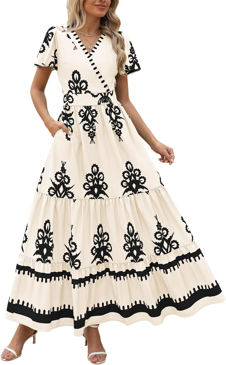 PRETTYGARDEN Womens 2025 Summer Casual V Neck Boho Maxi Dress Flowy Aline Bell S...