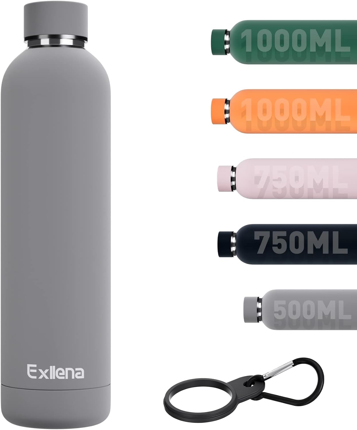 Exllena Insulated Water Bottles 1l with Clip, Double Wall Vacuum Drinks Bottle K...