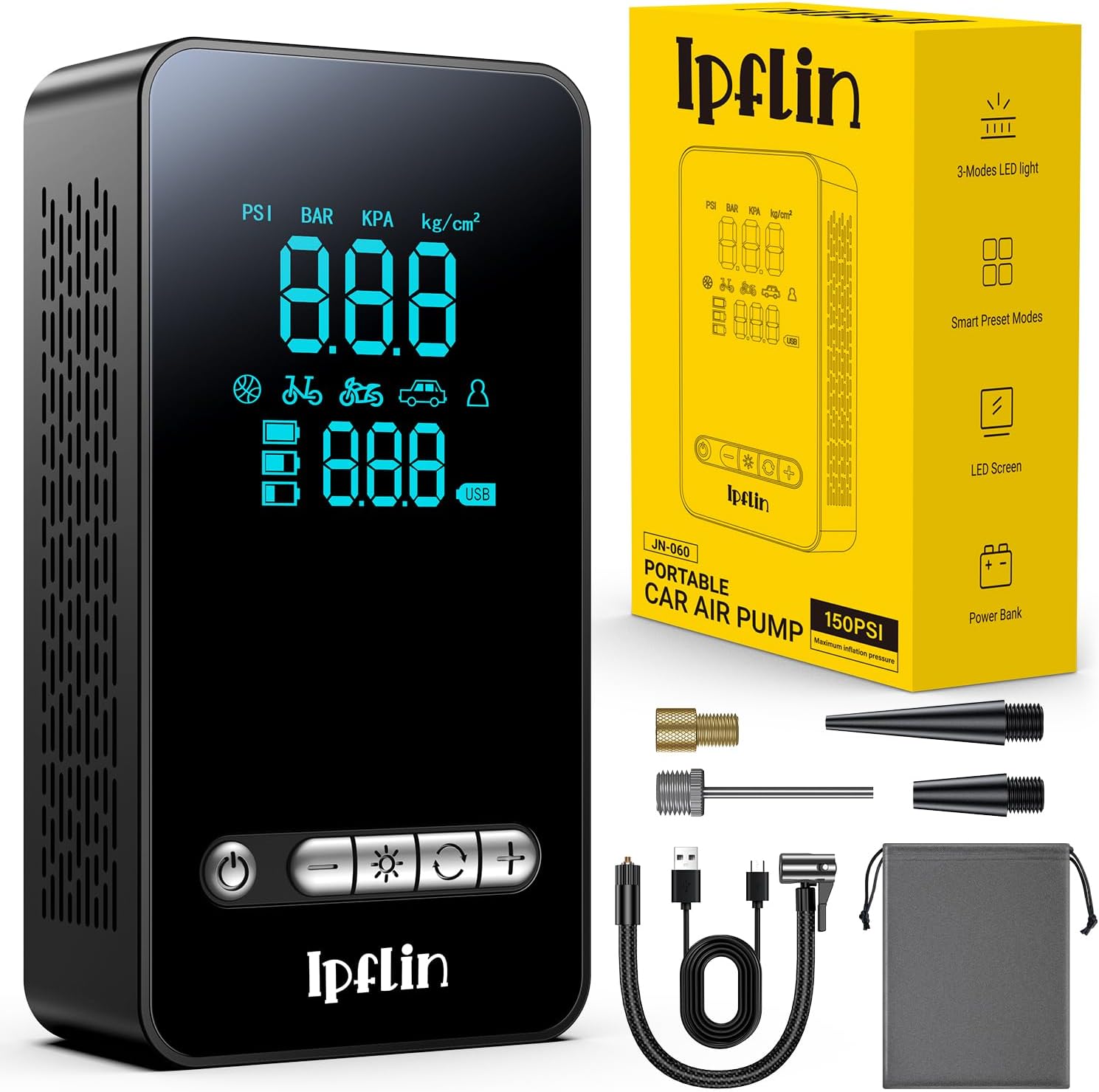 Ipflin Tyre Inflator Cordless Compressor - Portable Air Electric Bike Pump 150 P...