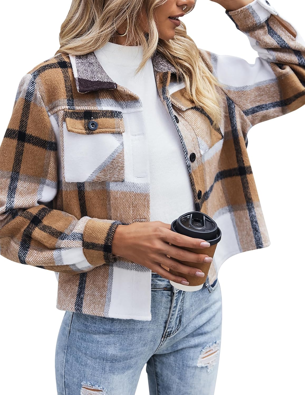 Zeagoo Flannels for Women Cropped Shacket Jacket Fashion Plaid Button Down Shirt...