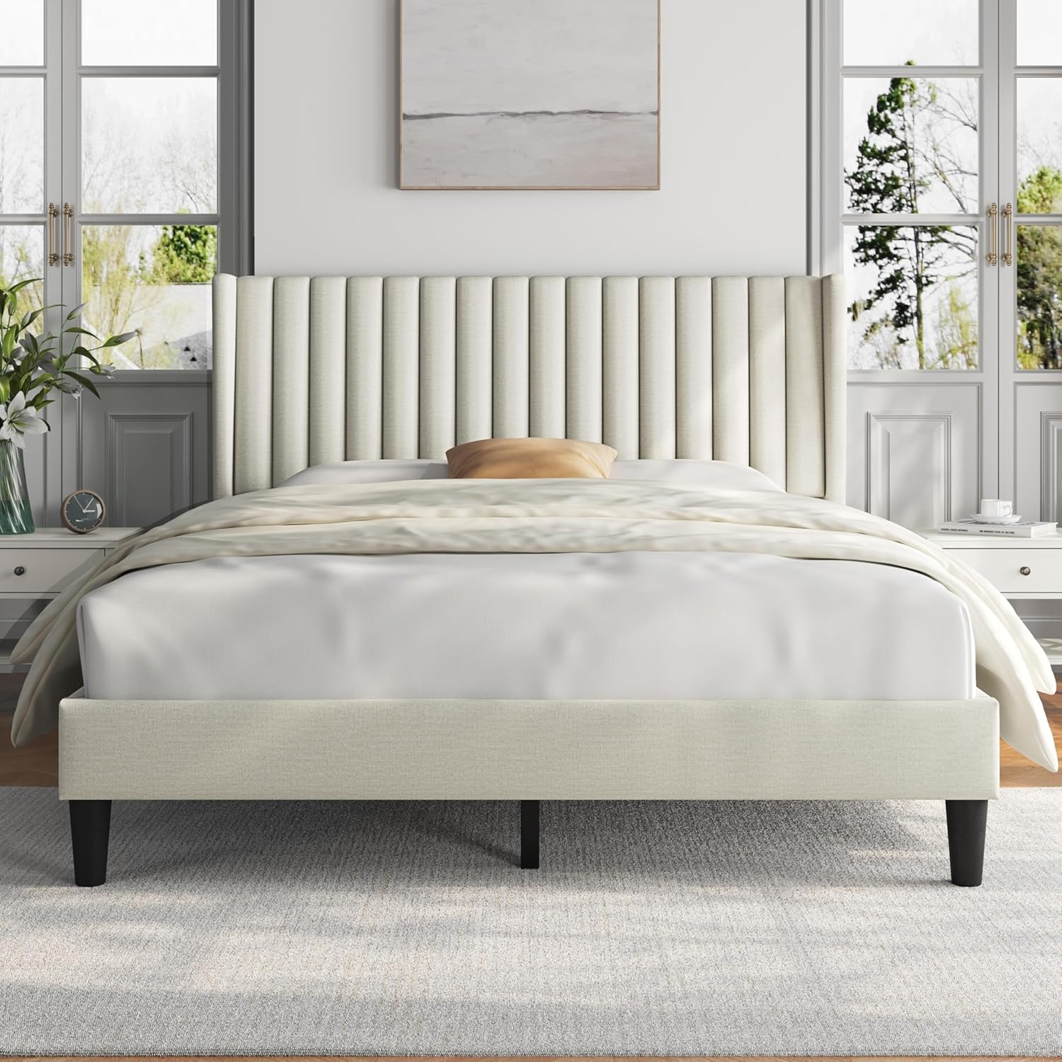 Yaheetech Queen Bed Frame Upholstered Platform Bed with Fabric Headboard, Wing E...