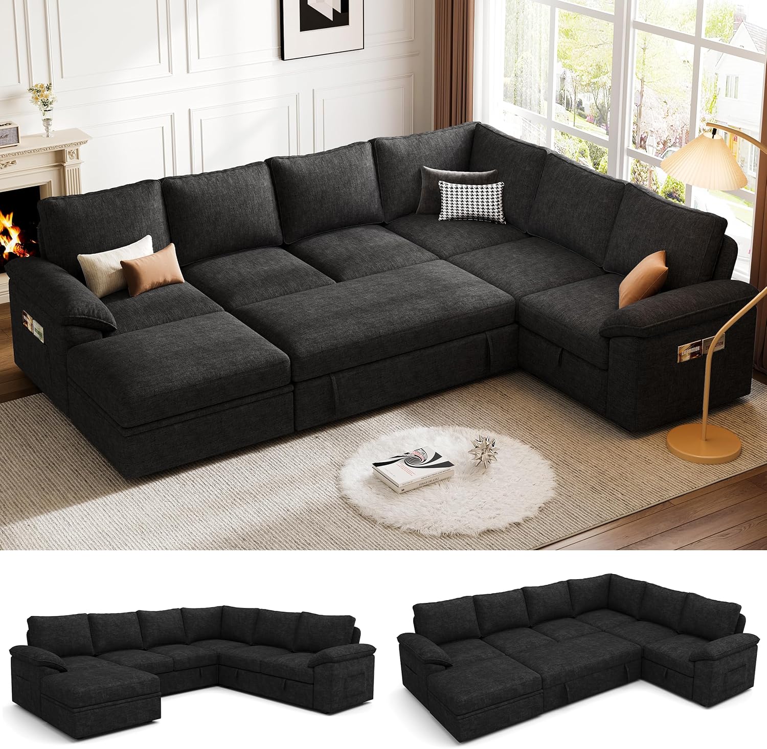 108 Inch Modular Sectional Sofa with Pull Out Bed,U Shaped 7 Seat Sectional Slee...