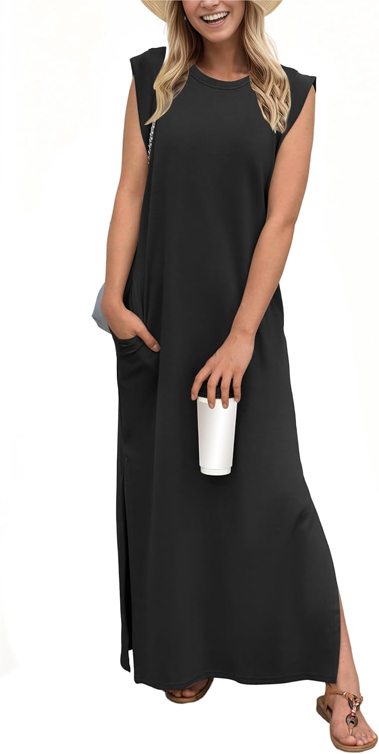 GRECERELLE 2025 Women Year-Round Casual Round Neck Loose Split Wrinkle-Free Long...