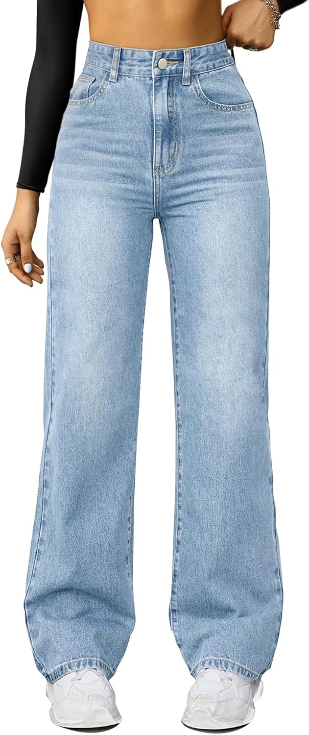 Special Women's Straight Leg Jeans, Unique High Waisted Wide Leg Denim Pants, In...