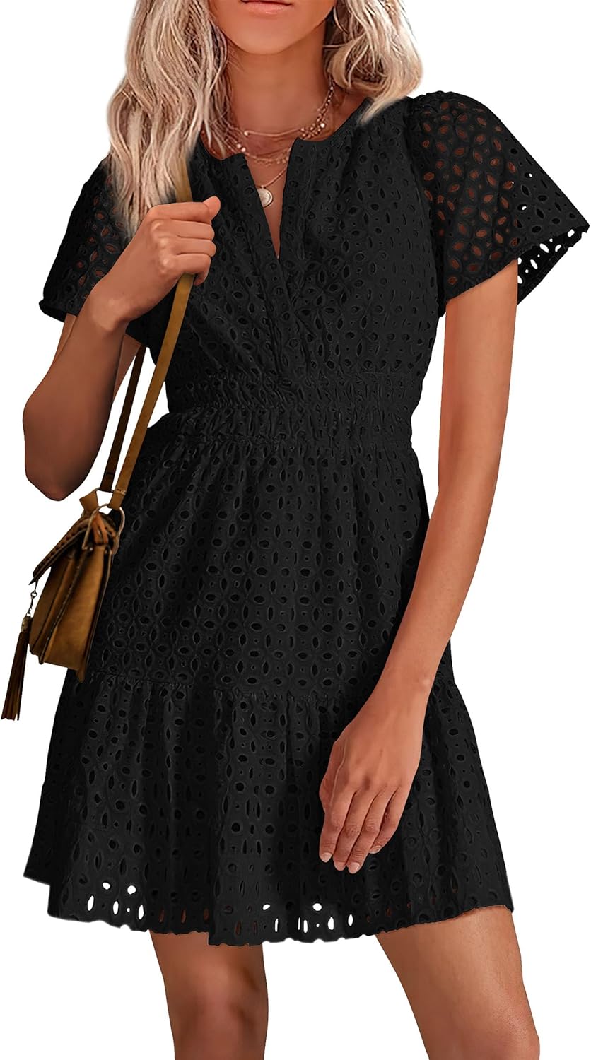 PRETTYGARDEN Womens 2025 Summer Short Dress V Neck Short Sleeve A Line Hollow Ou...