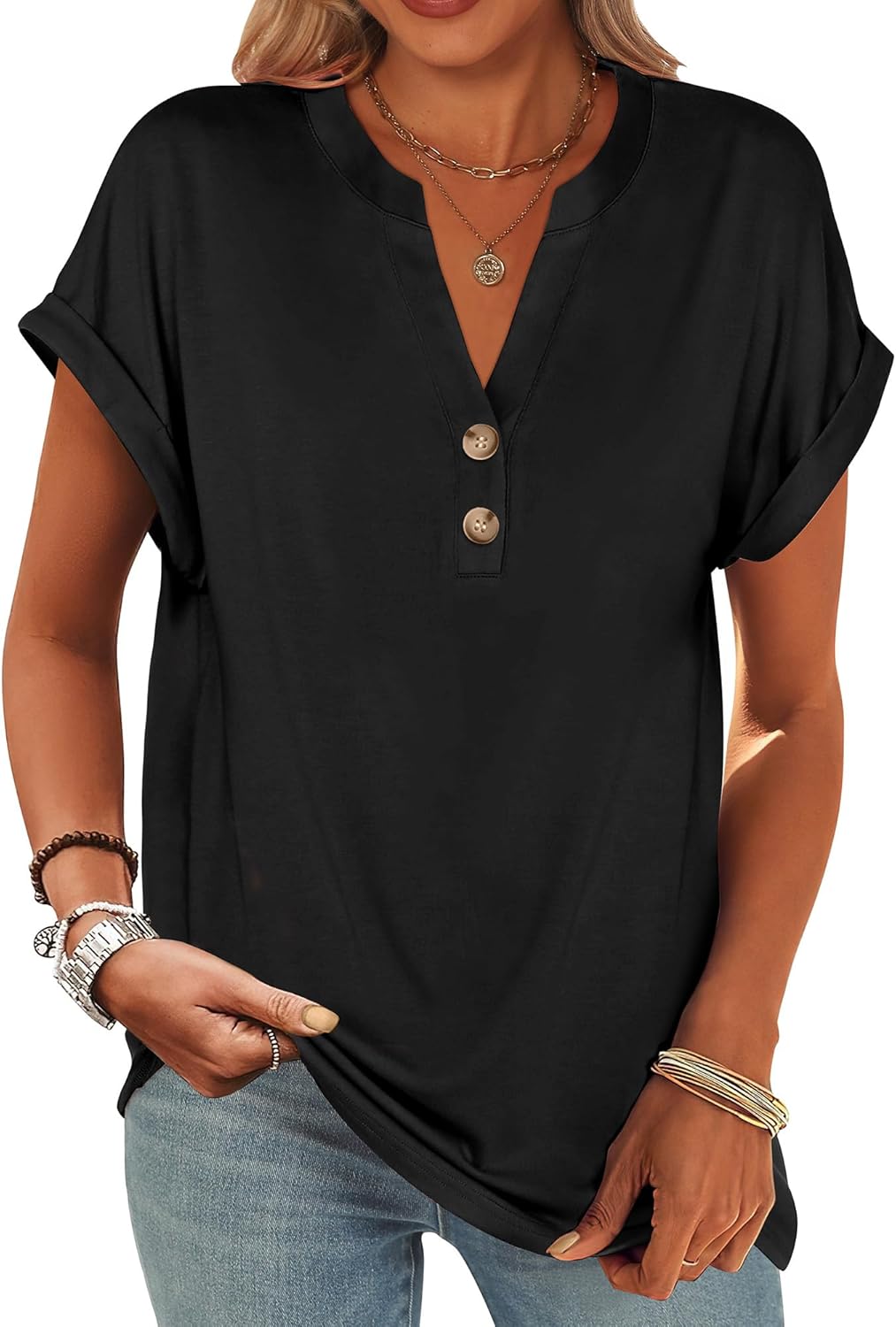 ANRABESS Womens Short Sleeve Henley Tops V Neck Dressy Casual Blouses Summer Tre...
