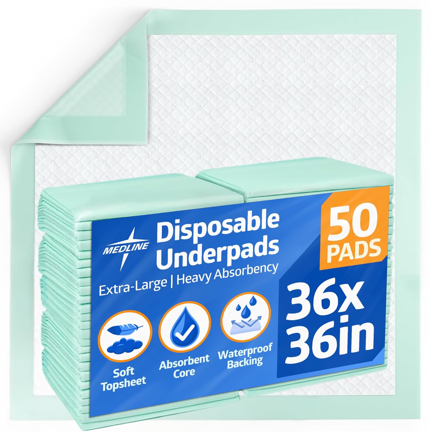 Medline Bed Pads Disposable Adult, Heavy Duty Chux Pads, 36x36, 50 Count, Incont...