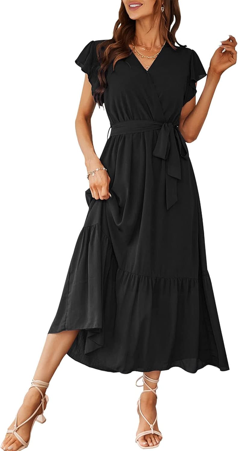 PRETTYGARDEN Women's Summer Floral Boho Maxi Dress Wrap Short Sleeve V Neck Ruff...