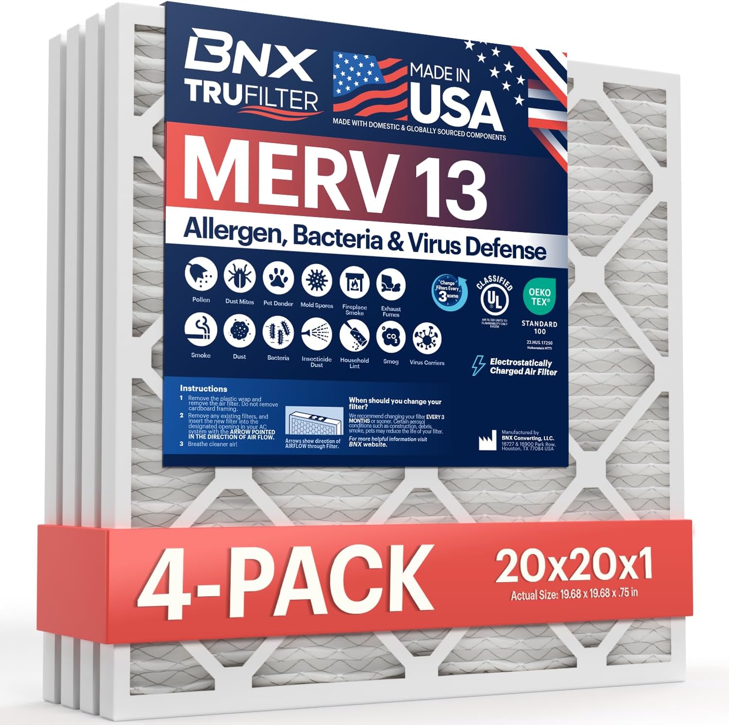 BNX TruFilter 20x20x1 MERV 13 (4-Pack) AC Furnace Air Filter - MADE IN USA - Ele...