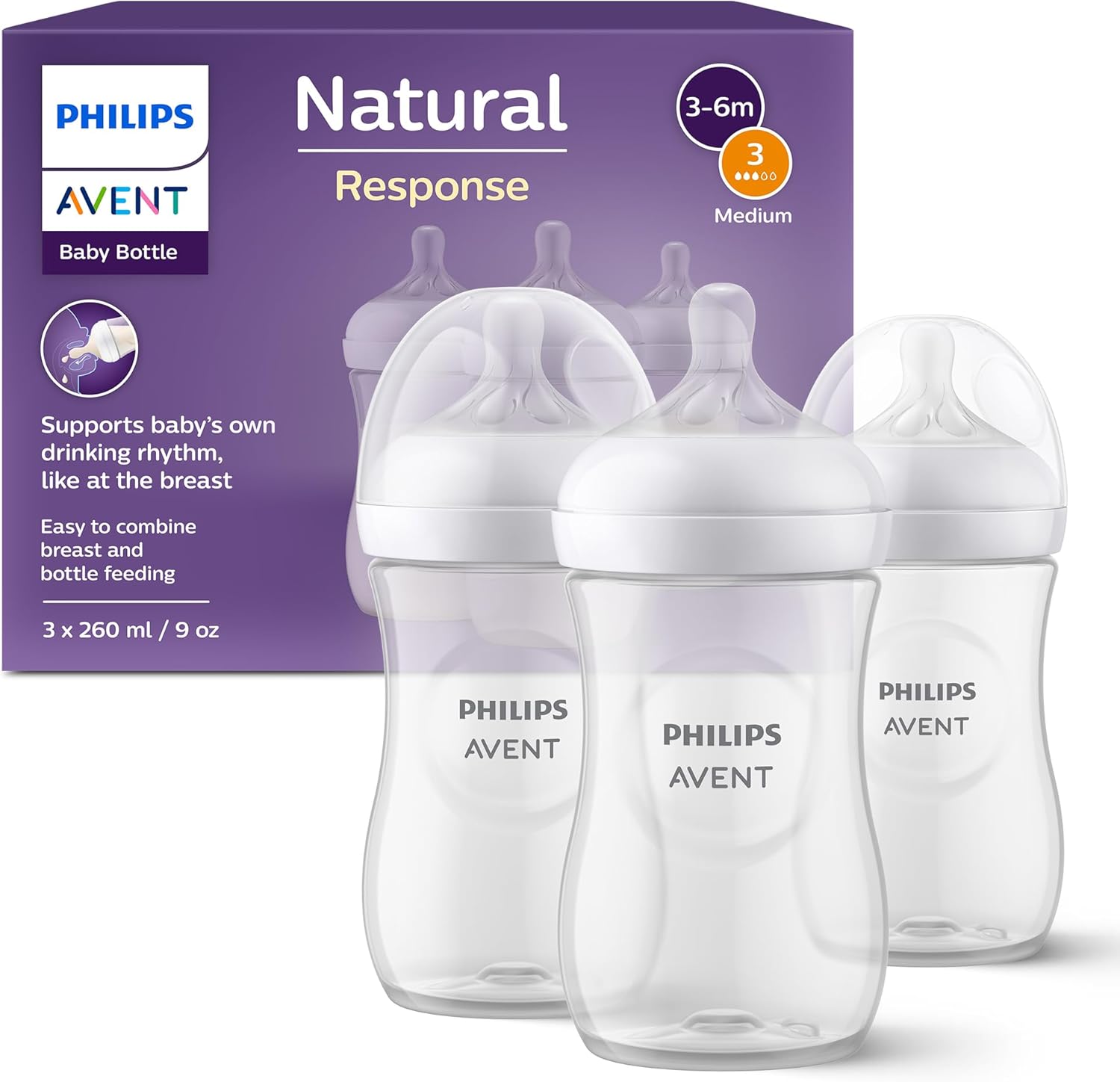 Philips Avent Natural Response Baby Bottle - 3 x 260ml Baby Milk Bottle for Newb...