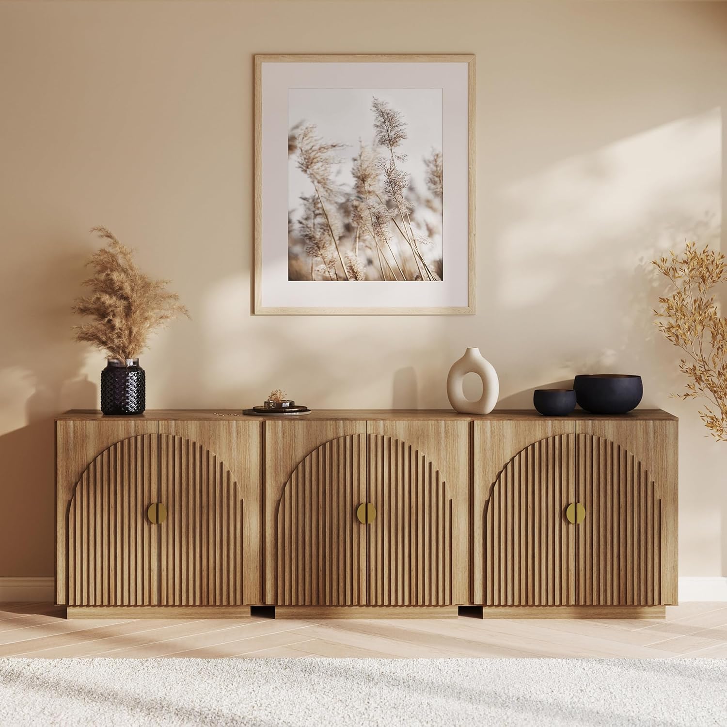 BELLEZE Set of 3 Modular Fluted Sideboard Buffet Cabinet with Storage, Mid-Centu...
