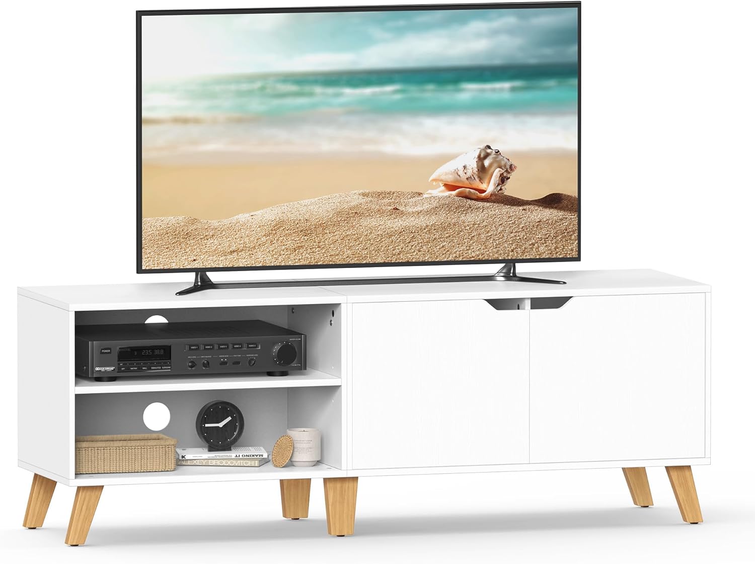 VASAGLE LTV027T46 TV Unit, 140 cm Long with 2 Doors, Adjustable Shelf, for TVs u...