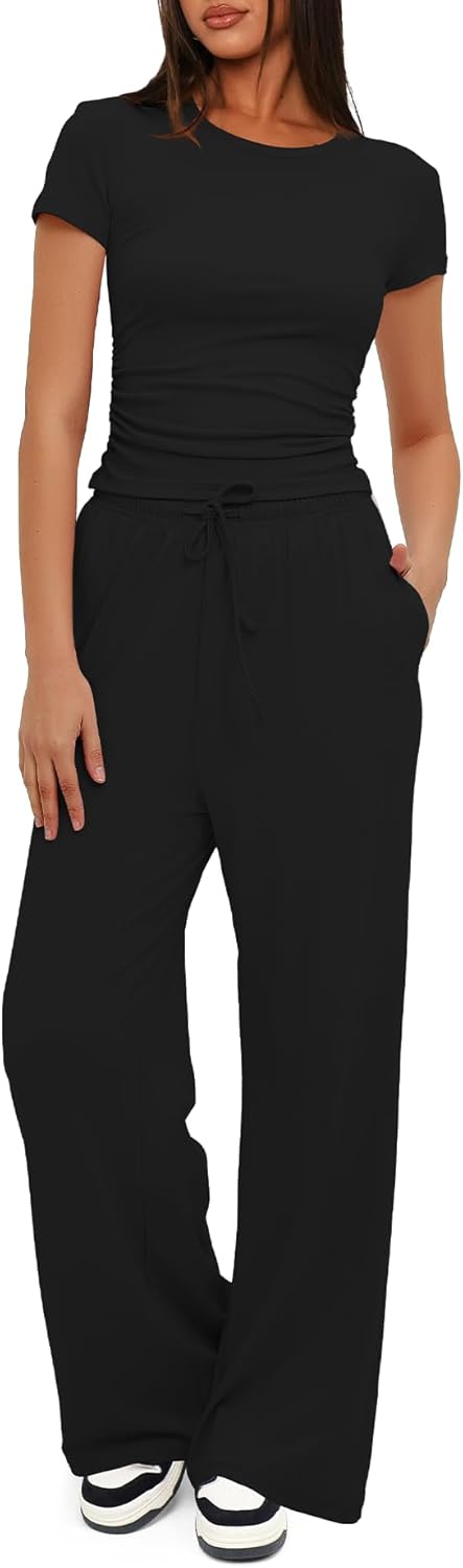 Darong Women's 2 Piece Set Outfits Lounge Sets Ruched Short Sleeve Tops High Wai...