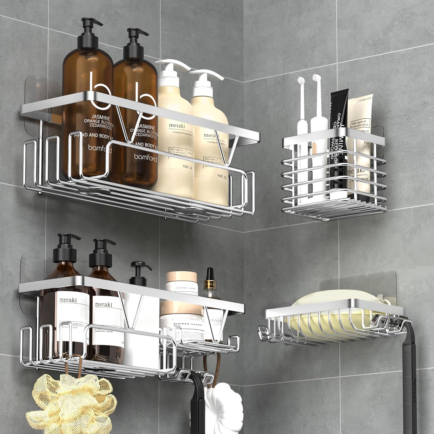 Kegii Shower Caddy - Adhesive Bathroom Caddy, 4 Piece Shower Shelf with Toothbru...