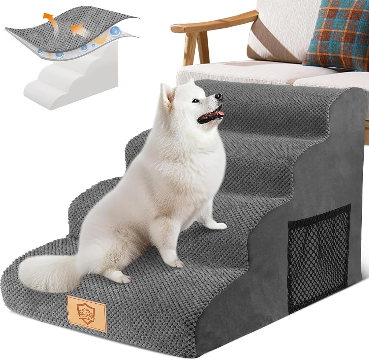 MASTERTOP Dog Steps, Convenient 4-Step Dog Steps for Sofa, Waterproof Pet Ramp w...