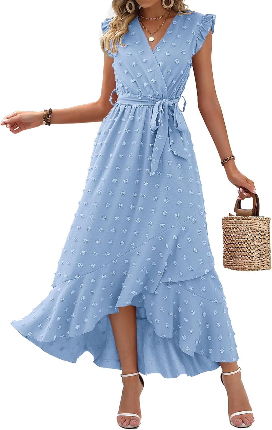 Stylish BTFBM Women V Neck Summer Dress 2025, Special Cap Sleeve Swiss Dot Boho...