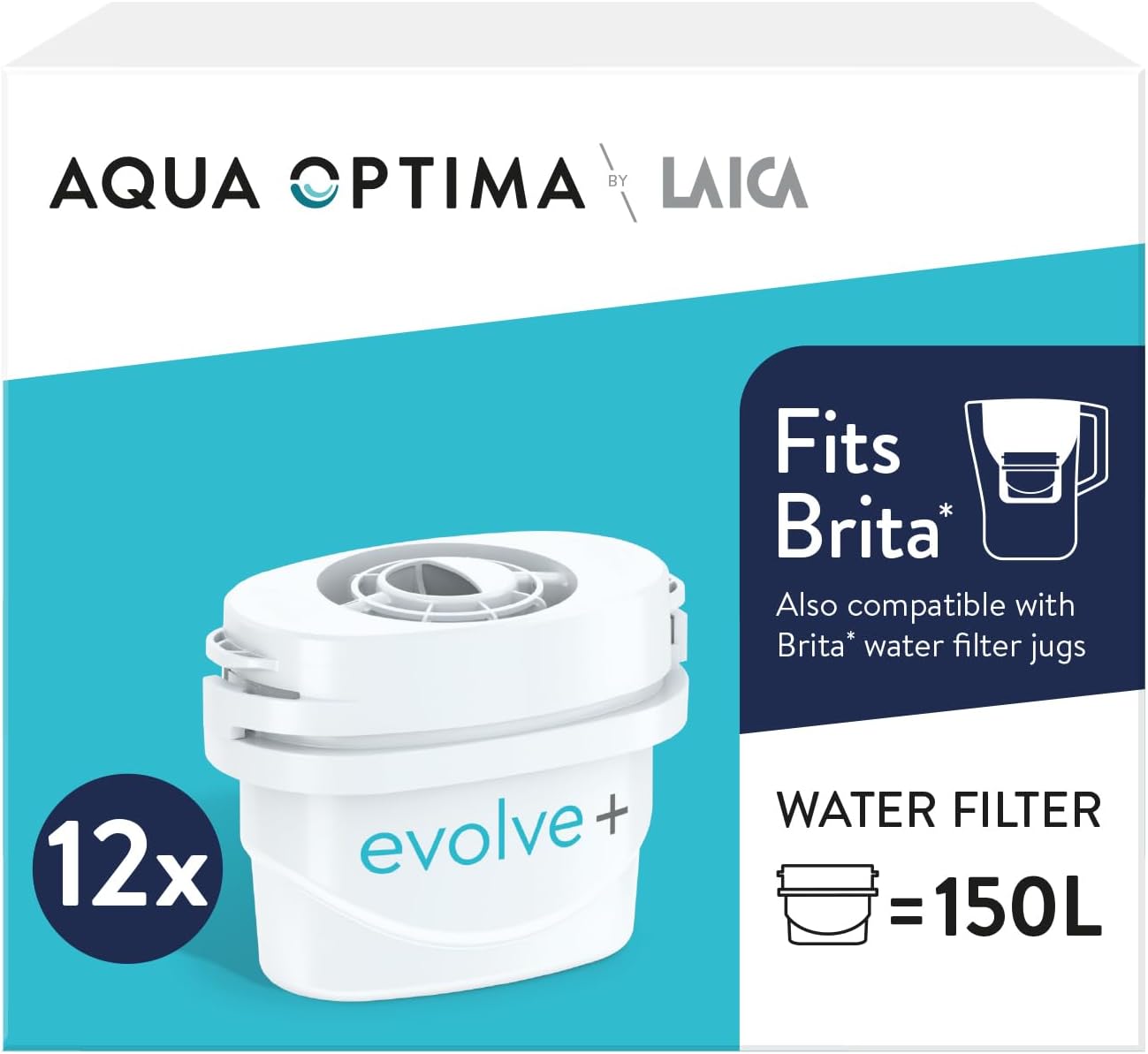 Aqua Optima Evolve+ Water Filter Cartridges 12 Pack - Fits Brita Jugs & Alternat...