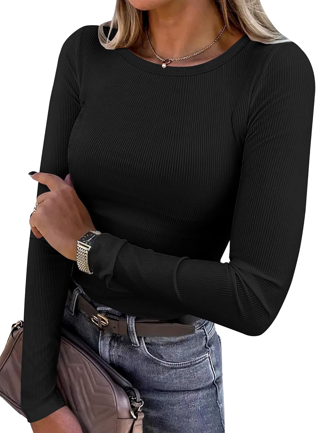 ANRABESS Women Long Sleeve Shirts Rib Knit Slim Fit Tops Basic Tee 2025 Fall Out...