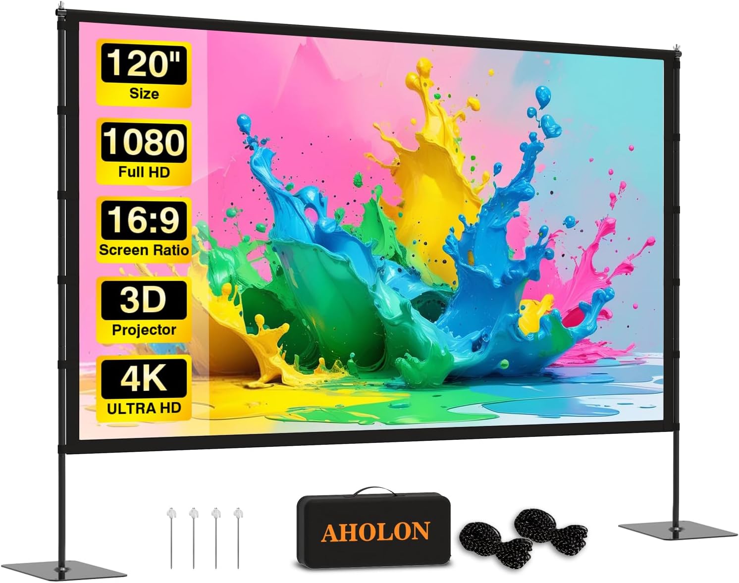 Outdoor Projector Screen with Stand - 120 inch Portable Projector Screens Indoor...
