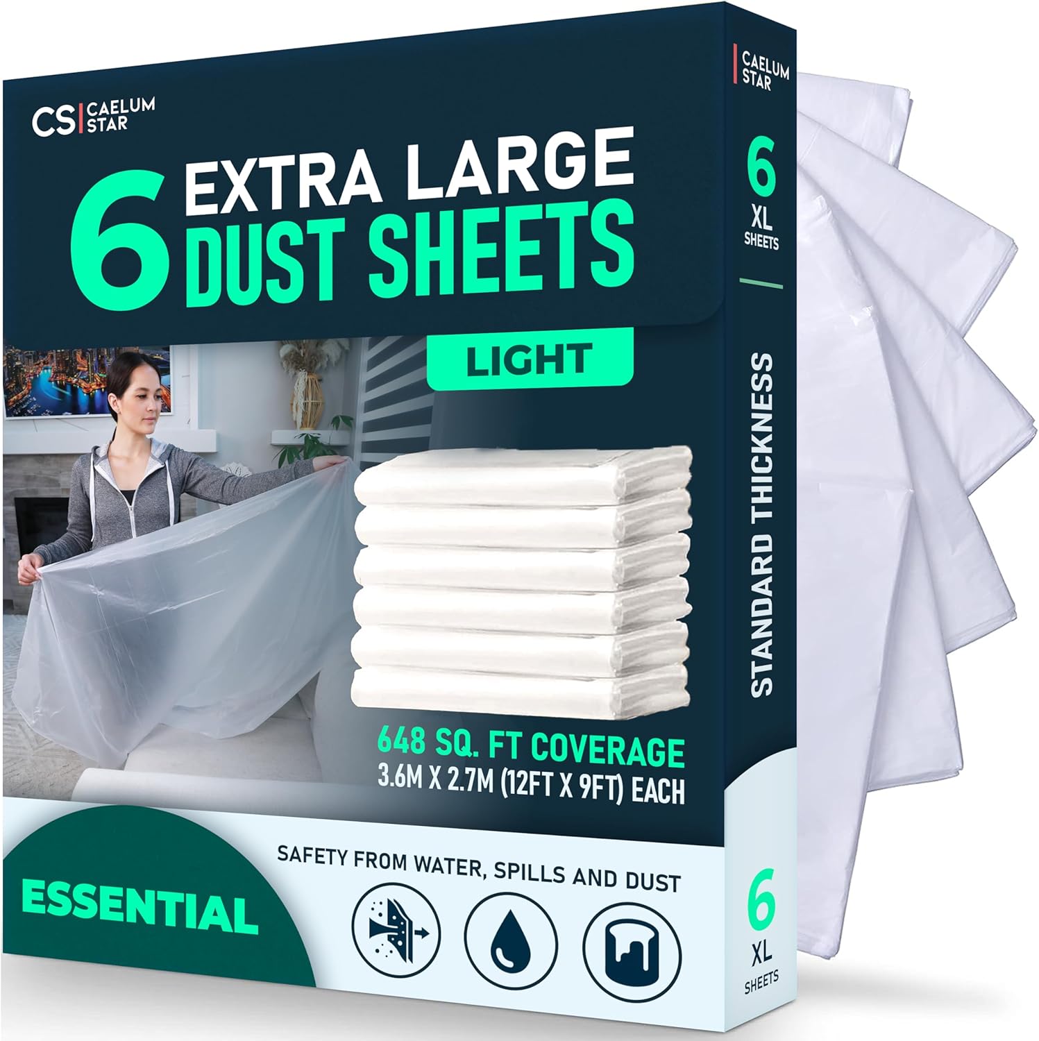 CS 6 Pack Extra Large Plastic Dust Sheets for Decorating 3.6 x 2.7m (12 x 9ft),...