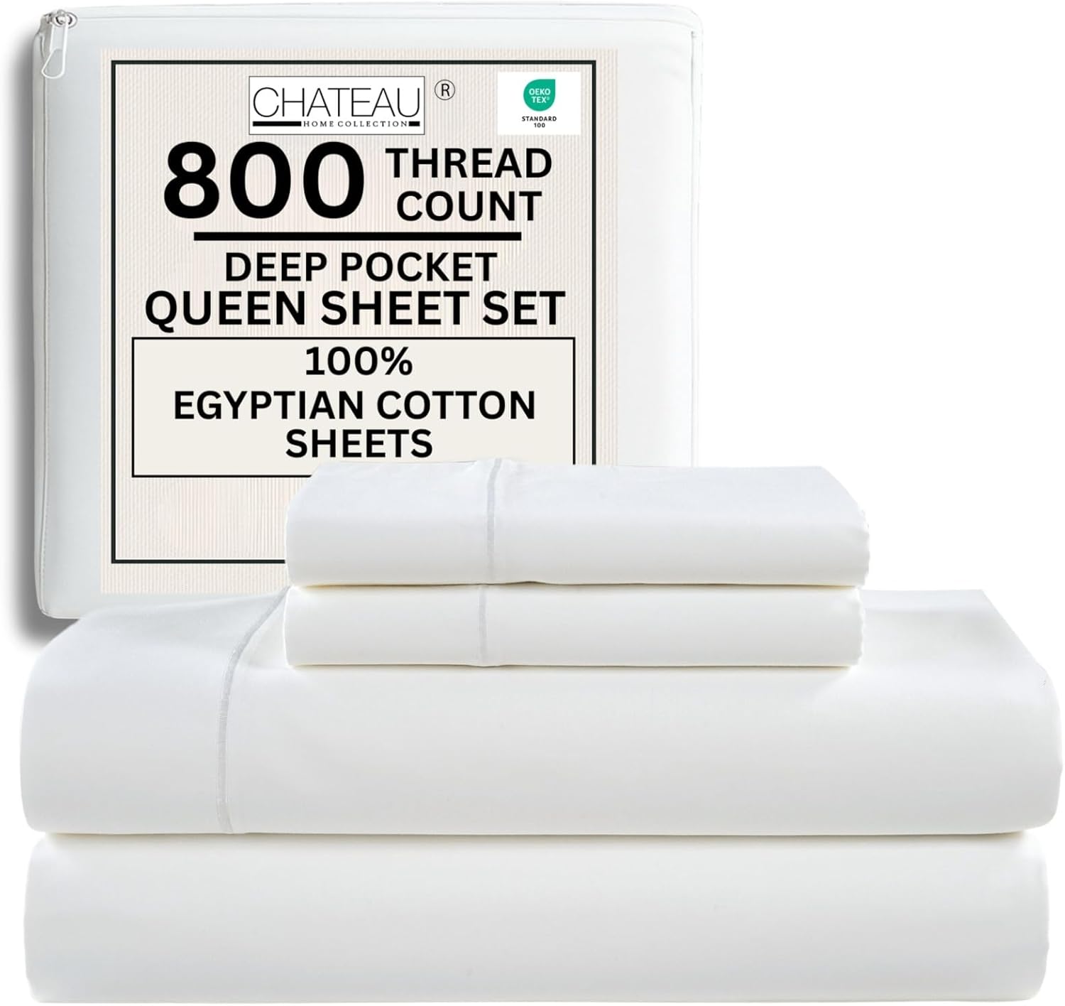 100% Egyptian Cotton Sheets Queen Size Bed Set, Deep Pocket Queen Sheet set, 800...