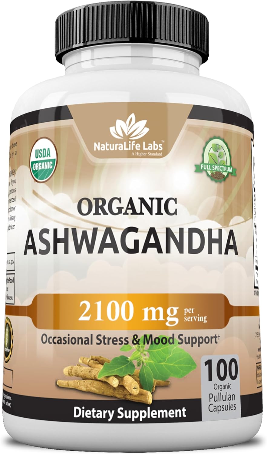 Organic Ashwagandha 2,100 mg - 100 Veggie Capsules Pure Organic Ashwagandha Powd...
