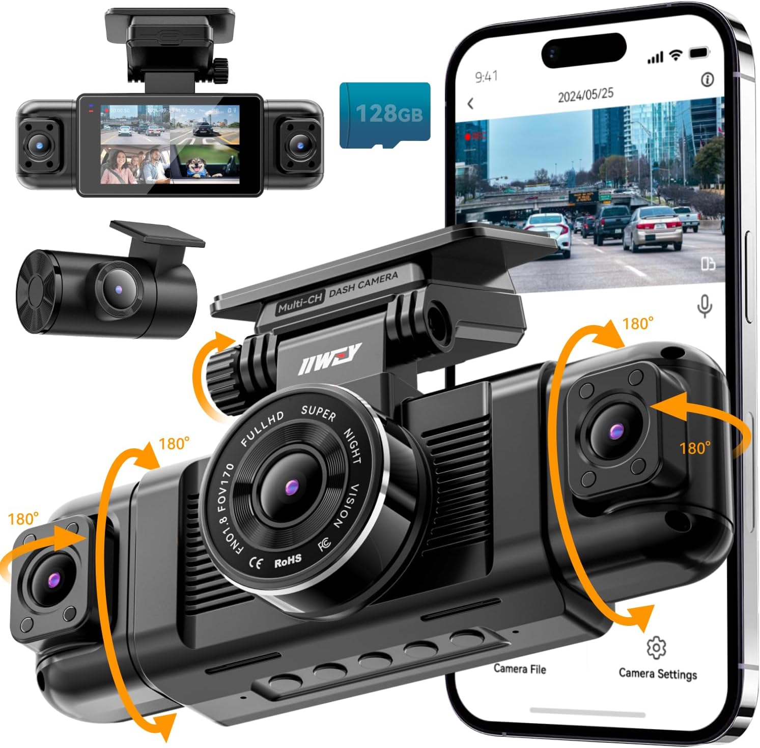 IIWEY N5 4 Channel Dash Cam, 360° All-Sides View, FHD 1080P Front and Rear Insid...