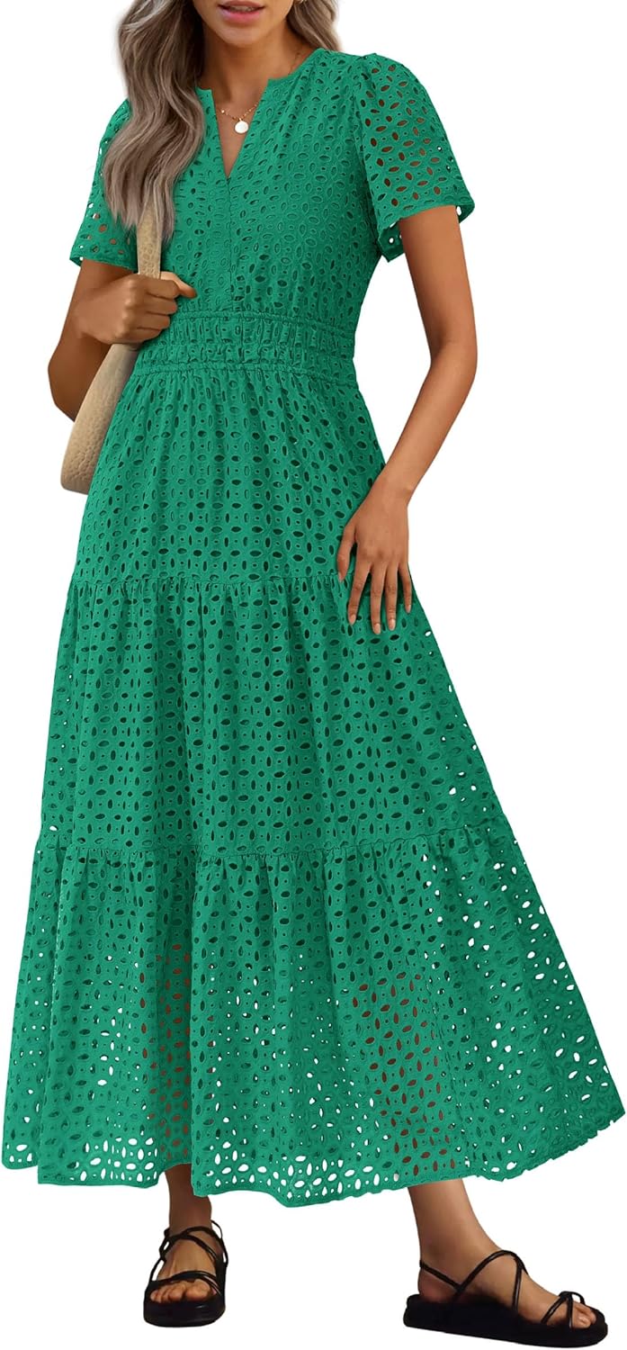 PRETTYGARDEN Womens 2025 Summer Maxi Dress Short Sleeve V Neck Hollow Out Eyelet...