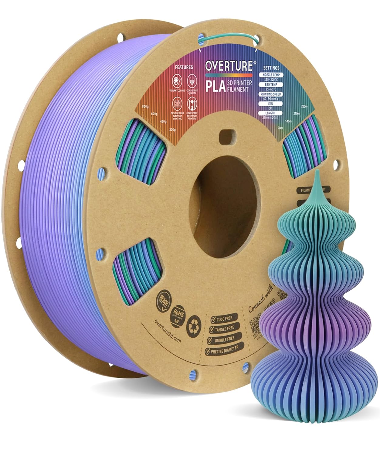 OVERTURE Rainbow PLA Filament, High-Quality 1.75mm 3D Printer Filament, Speciall...