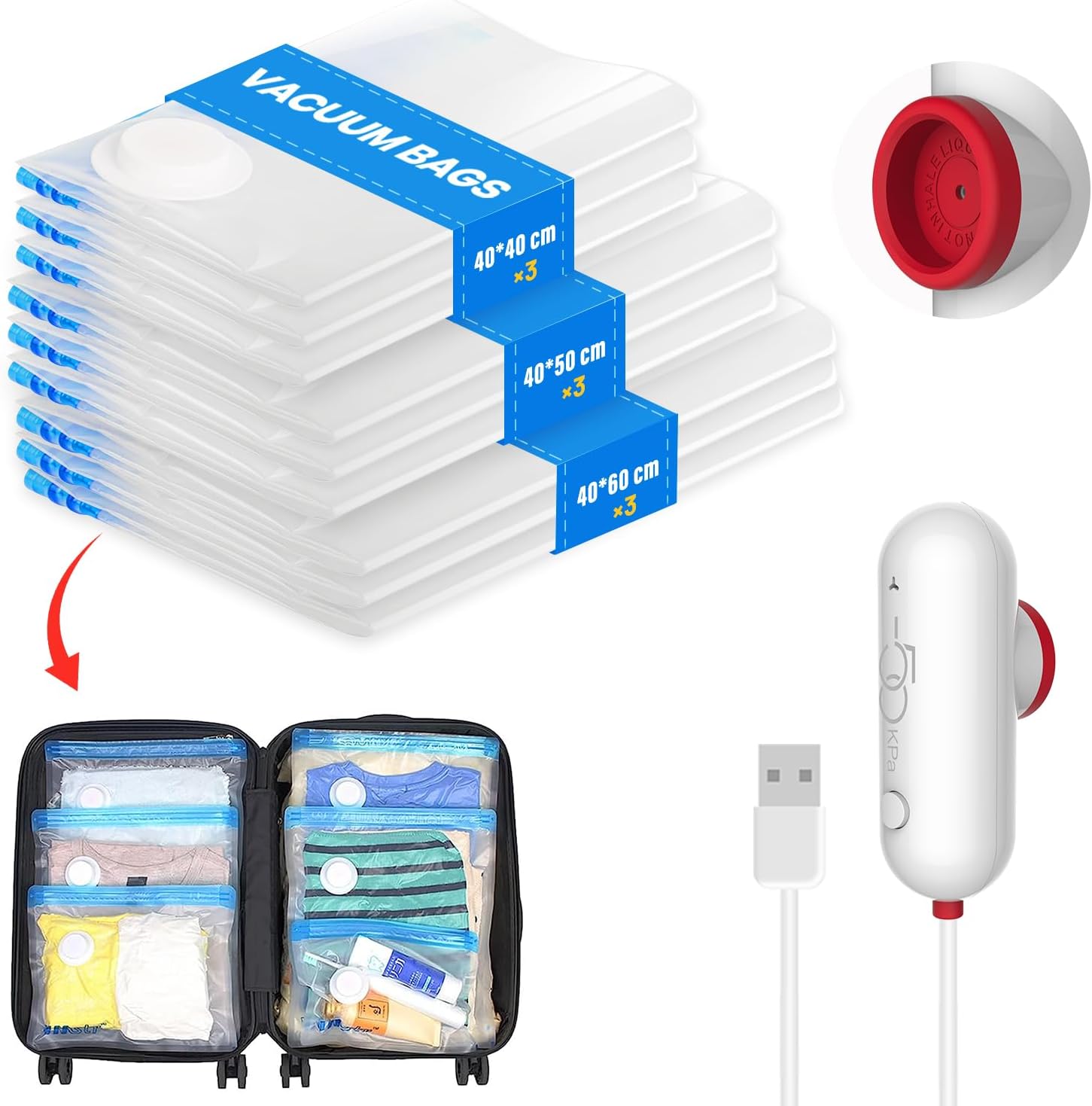 Vacbird Vacuum Storage Bags with Portable Electric Pump, 9-Pack Vacuum Bags for...