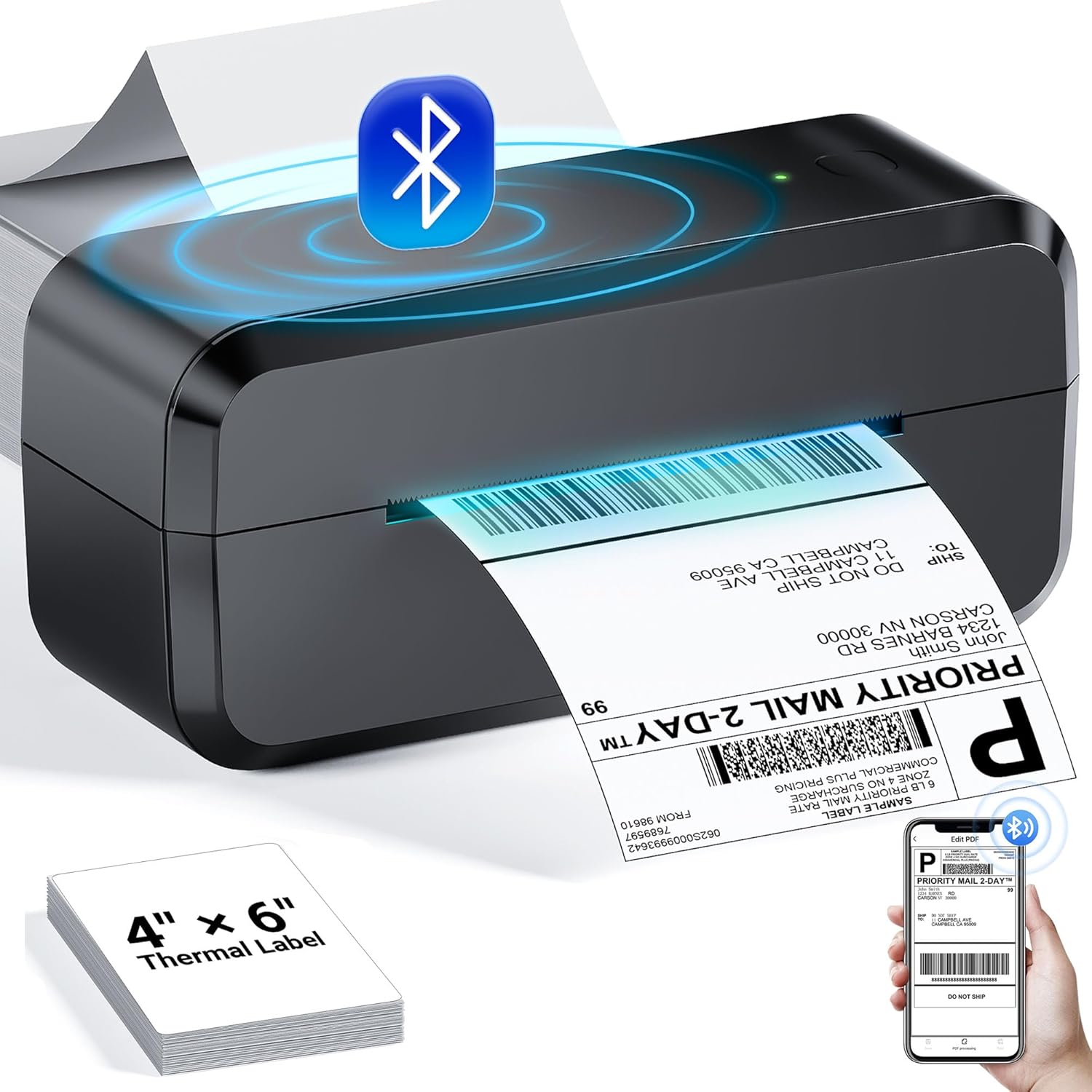 Bluetooth Thermal Shipping Label Printer, Wireless 4x6 Label Printer for Shippin...