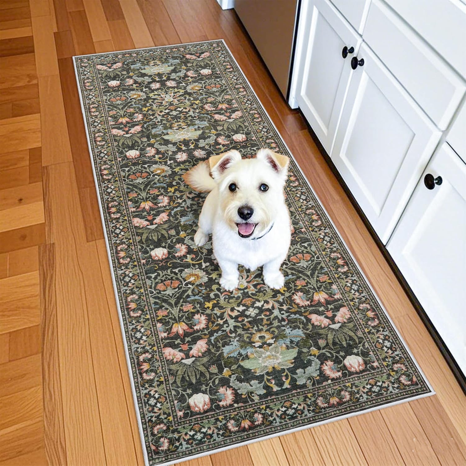 2x6 Washable Hallway Runner Rug, Unique Vintage Floral Kitchen Rugs with Non-Sli...