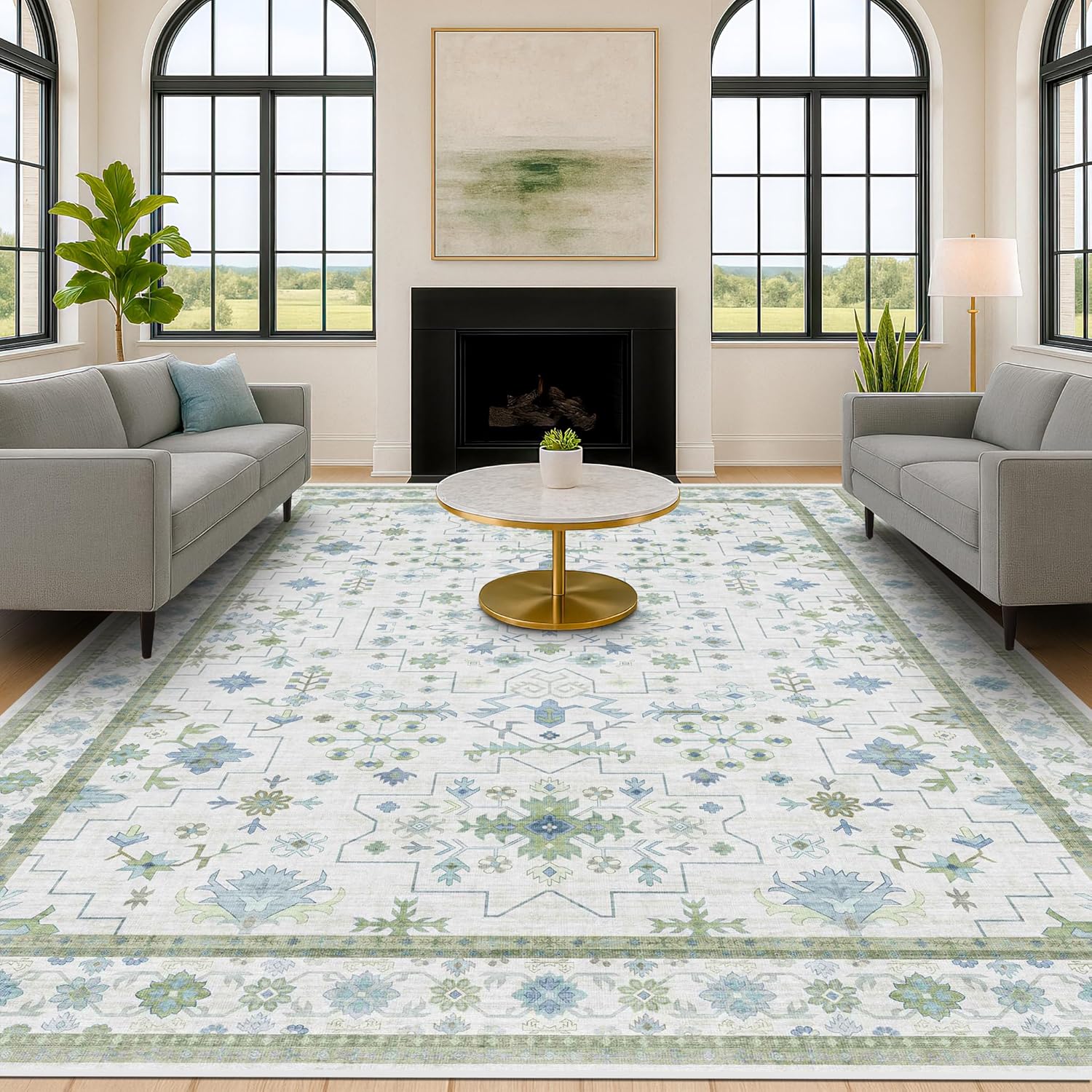 Washable Rugs for Living Room, Special 10x12 Cream Blue and Green Oriental Flora...