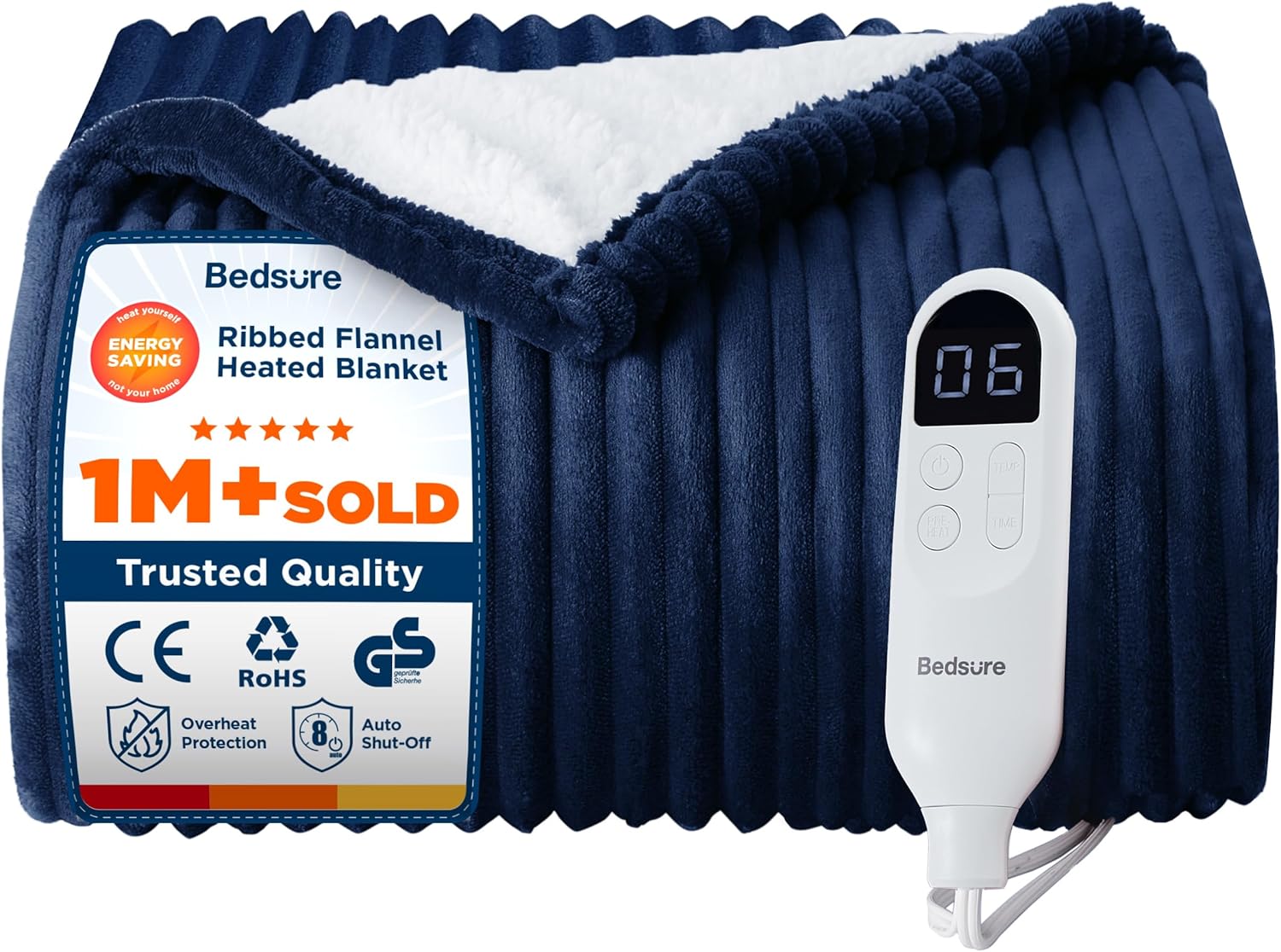 Bedsure Heated Blanket Electric Throw - Ribbed Flannel Electric Blanket, Heating...