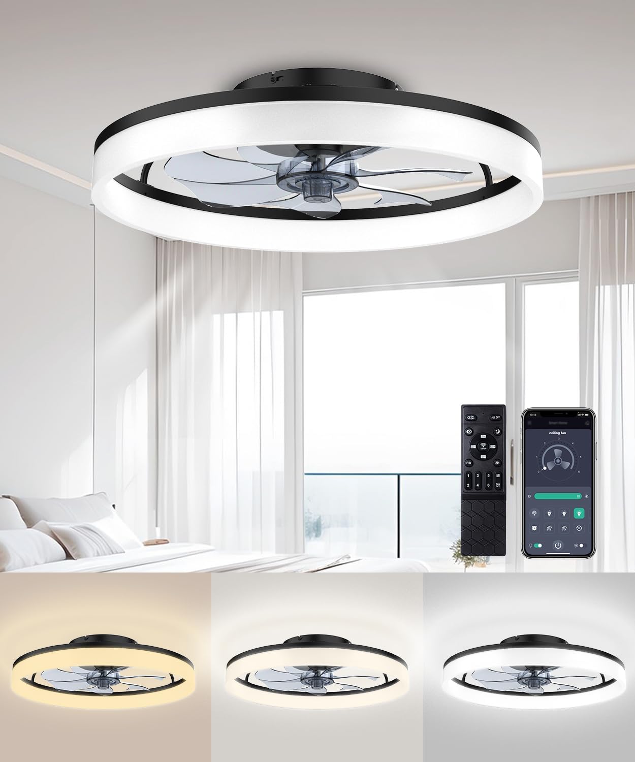 Ceiling Fans with Lights and Remote, 20" Modern Low Profile Ceiling Fan with Lig...